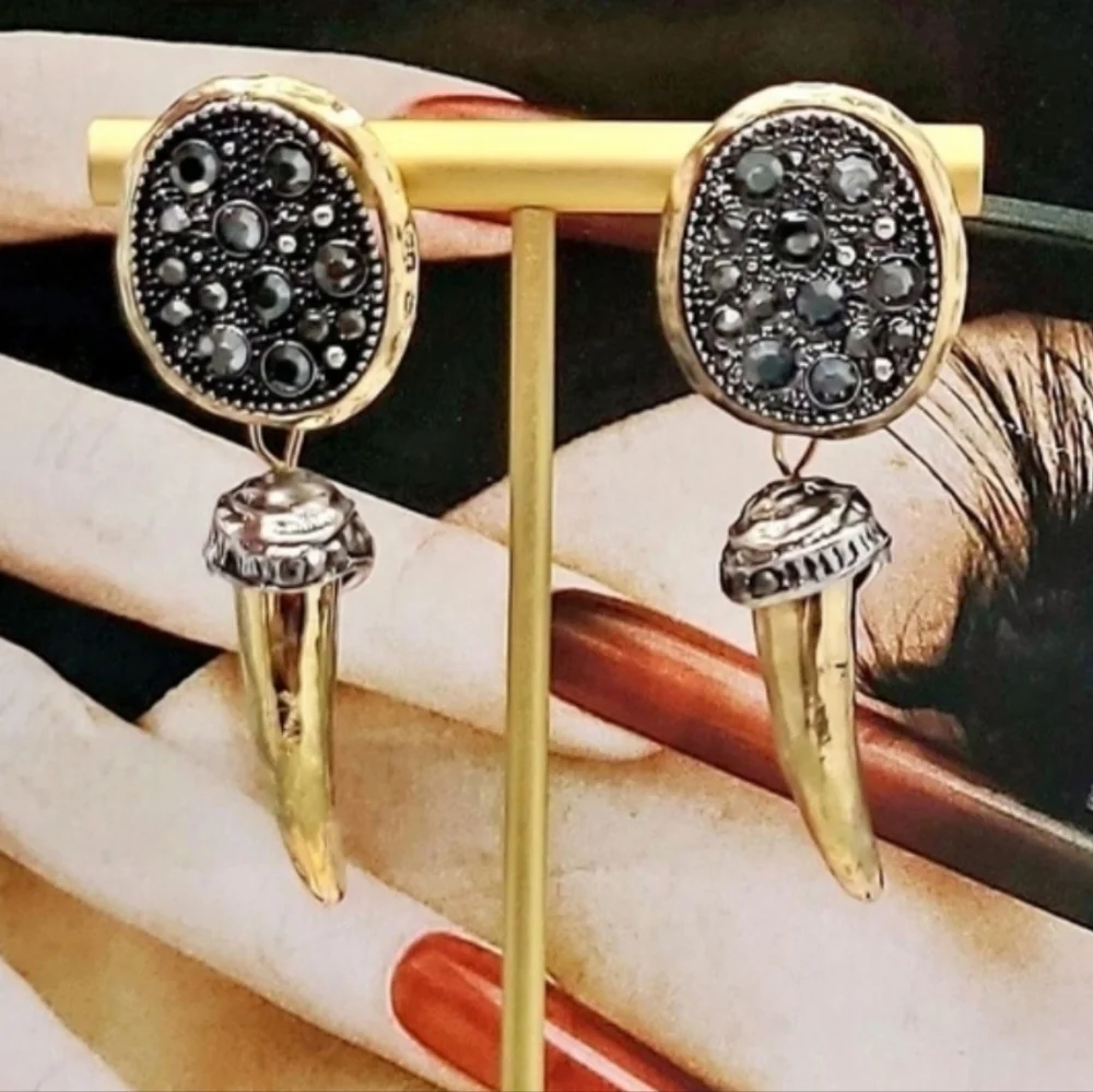 NWT Two-toned Natural Marcassite Encrusted Dangling Gold Spike Drop Earrings